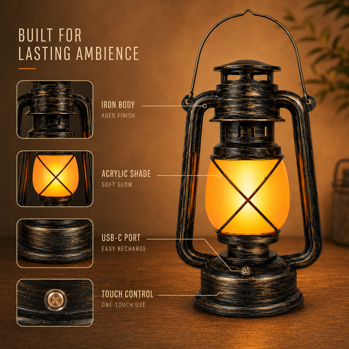 Vintage-Style Rechargeable Flame-Effect Lantern