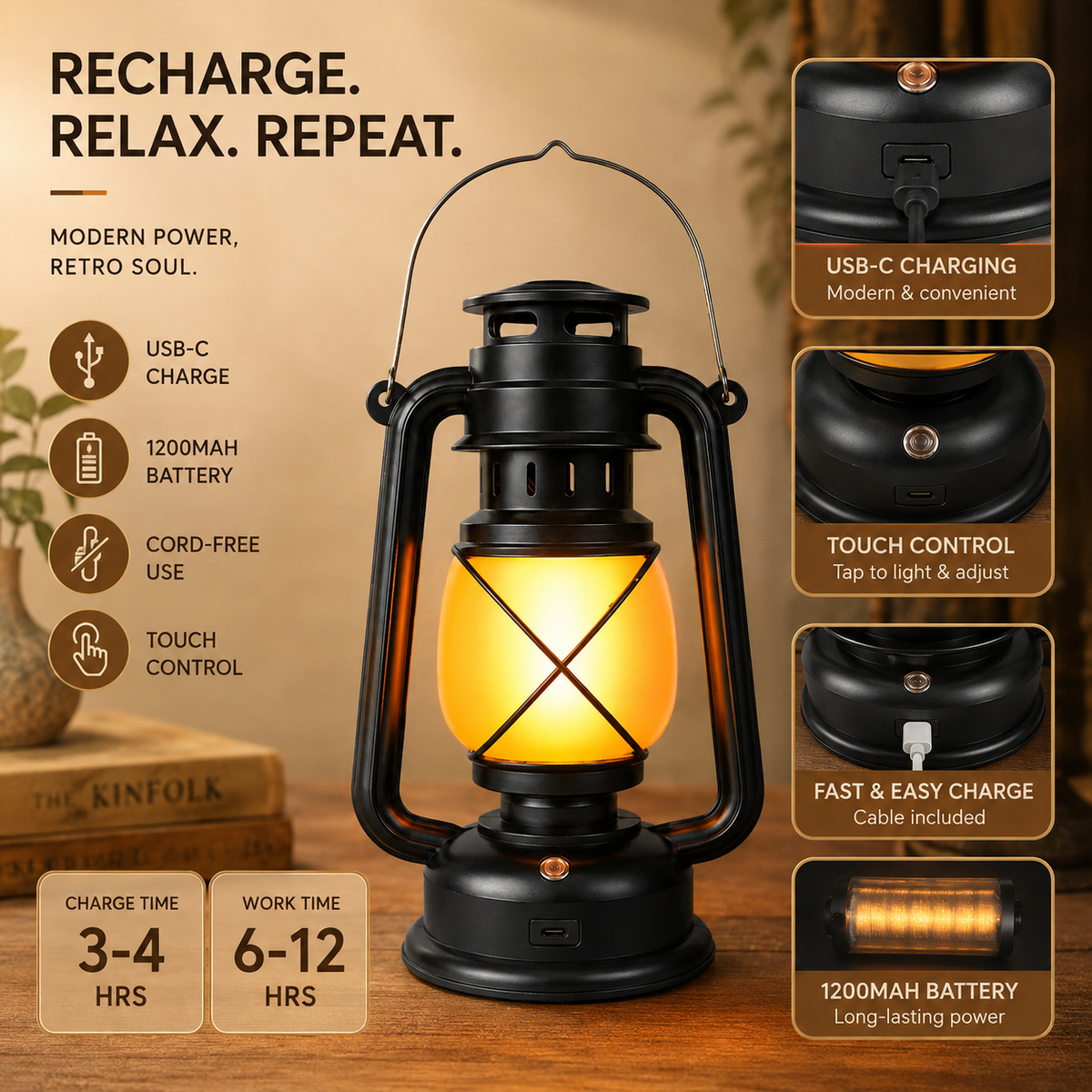 Vintage-Style Rechargeable Flame-Effect Lantern