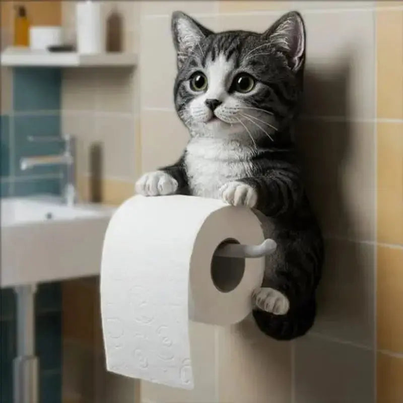 Wall-Mounted Resin Toilet Paper Holder with Cat Figurine