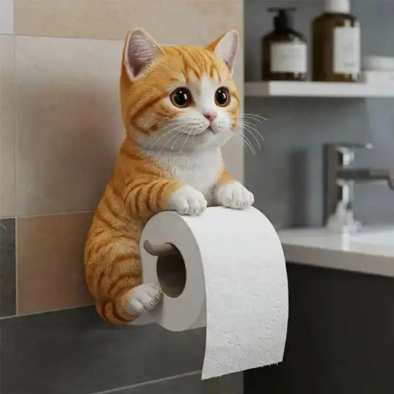 Wall-Mounted Resin Toilet Paper Holder with Cat Figurine