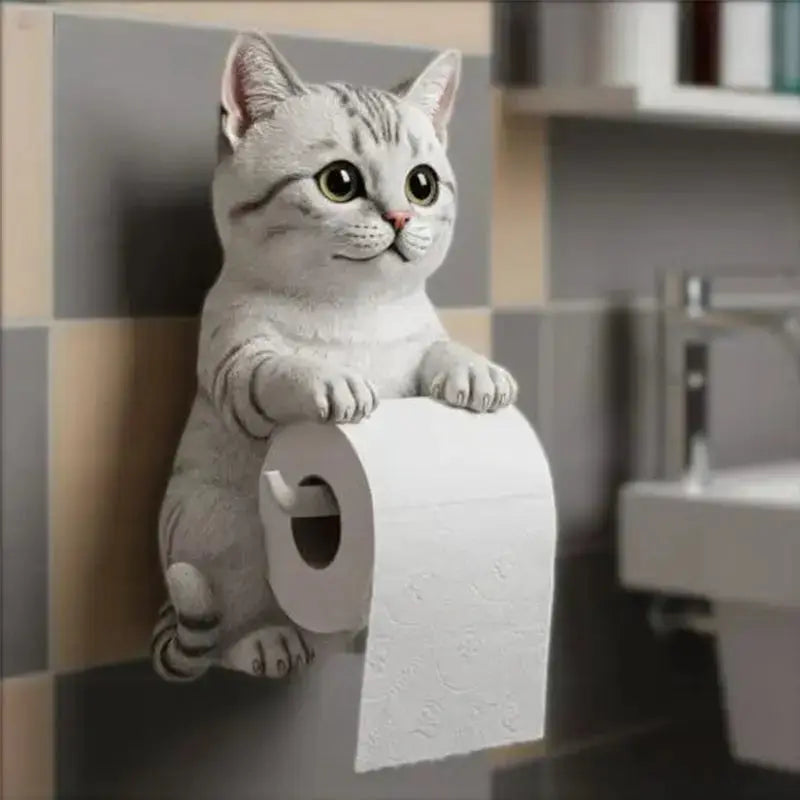 Wall-Mounted Resin Toilet Paper Holder with Cat Figurine