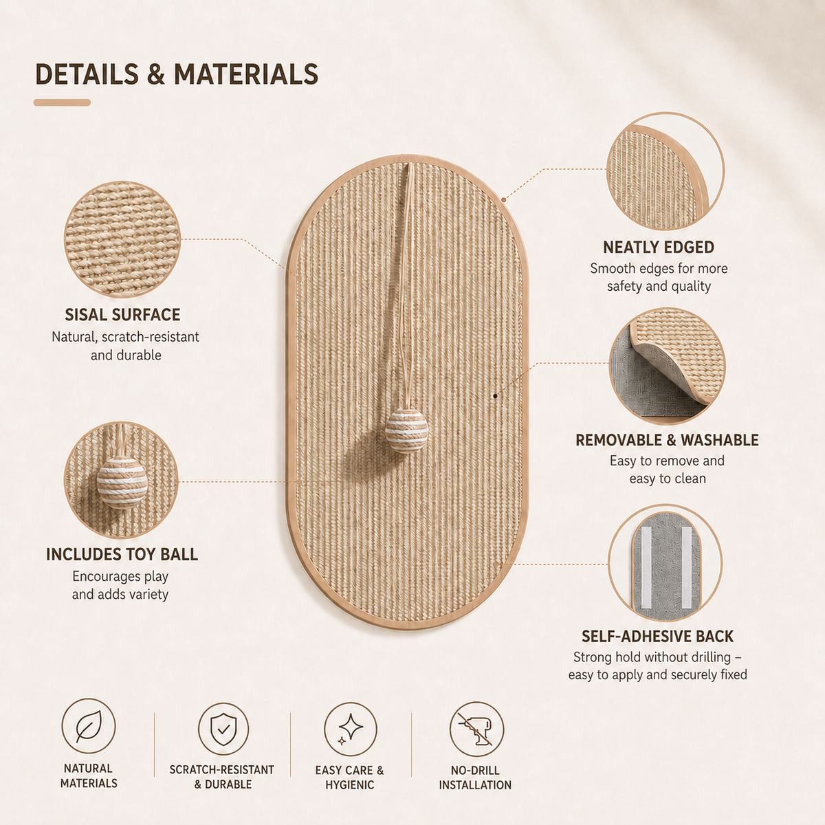 Wall-Mounted Sisal Scratching Panel with Toy