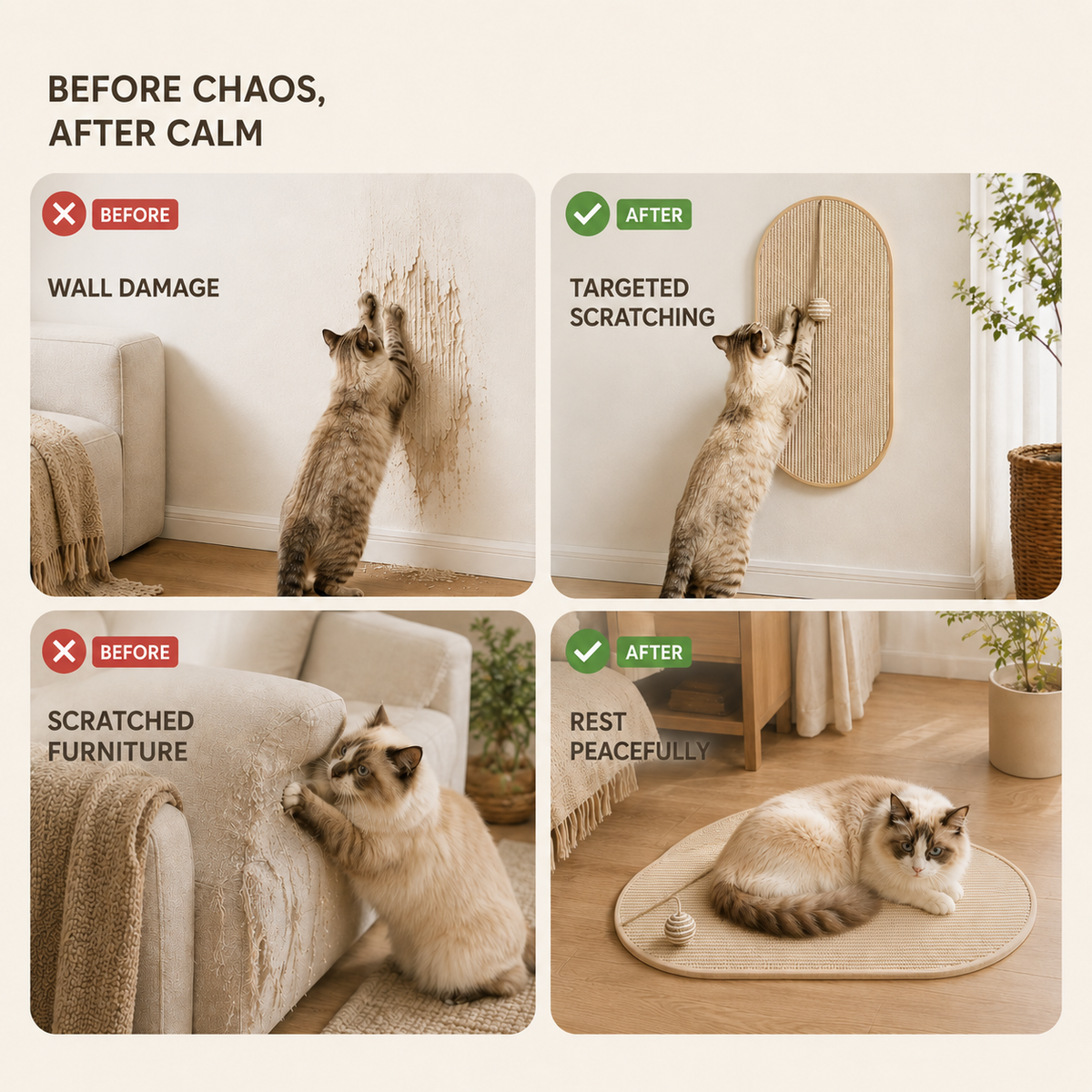 Wall-Mounted Sisal Scratching Panel with Toy