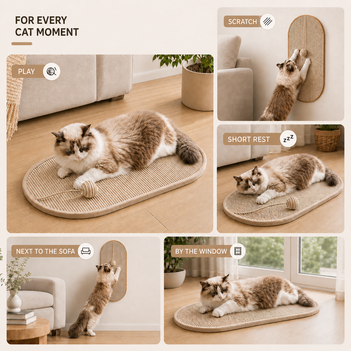 Wall-Mounted Sisal Scratching Panel with Toy