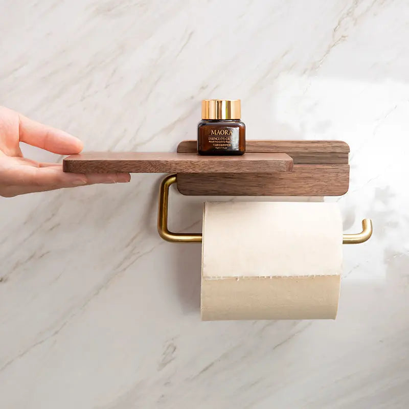 Wall-Mounted Toilet Paper Holder with Walnut Wood Shelf - Brown Finish