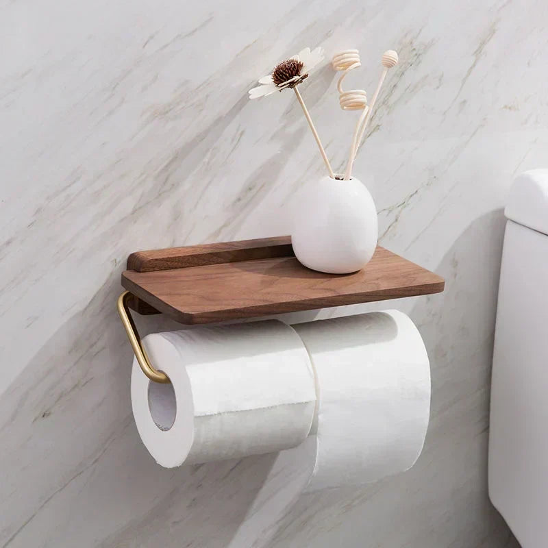 Wall-Mounted Toilet Paper Holder with Walnut Wood Shelf - Brown Finish
