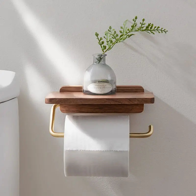 Wall-Mounted Toilet Paper Holder with Walnut Wood Shelf - Brown Finish