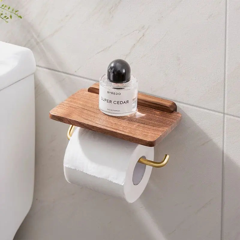 Wall-Mounted Toilet Paper Holder with Walnut Wood Shelf - Brown Finish