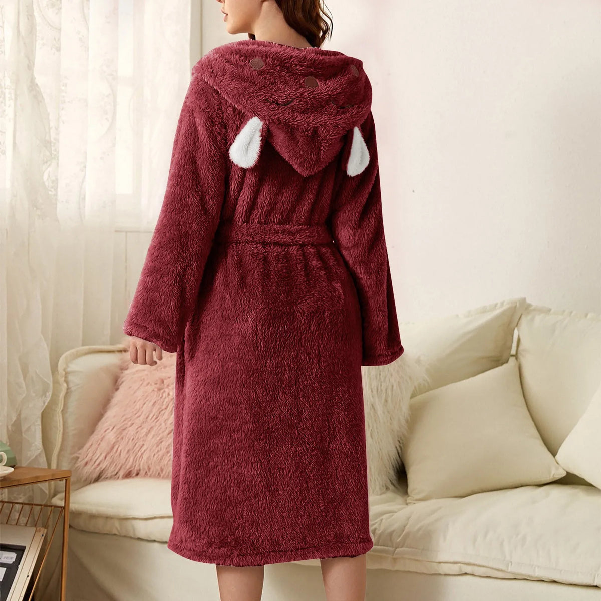 Warm Flannel Hooded Bathrobe with Bunny Ears