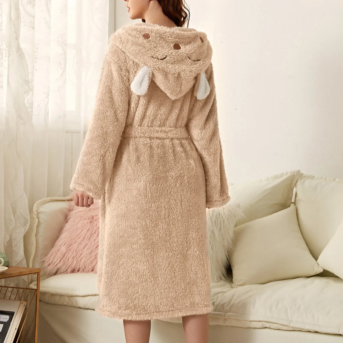 Warm Flannel Hooded Bathrobe with Bunny Ears