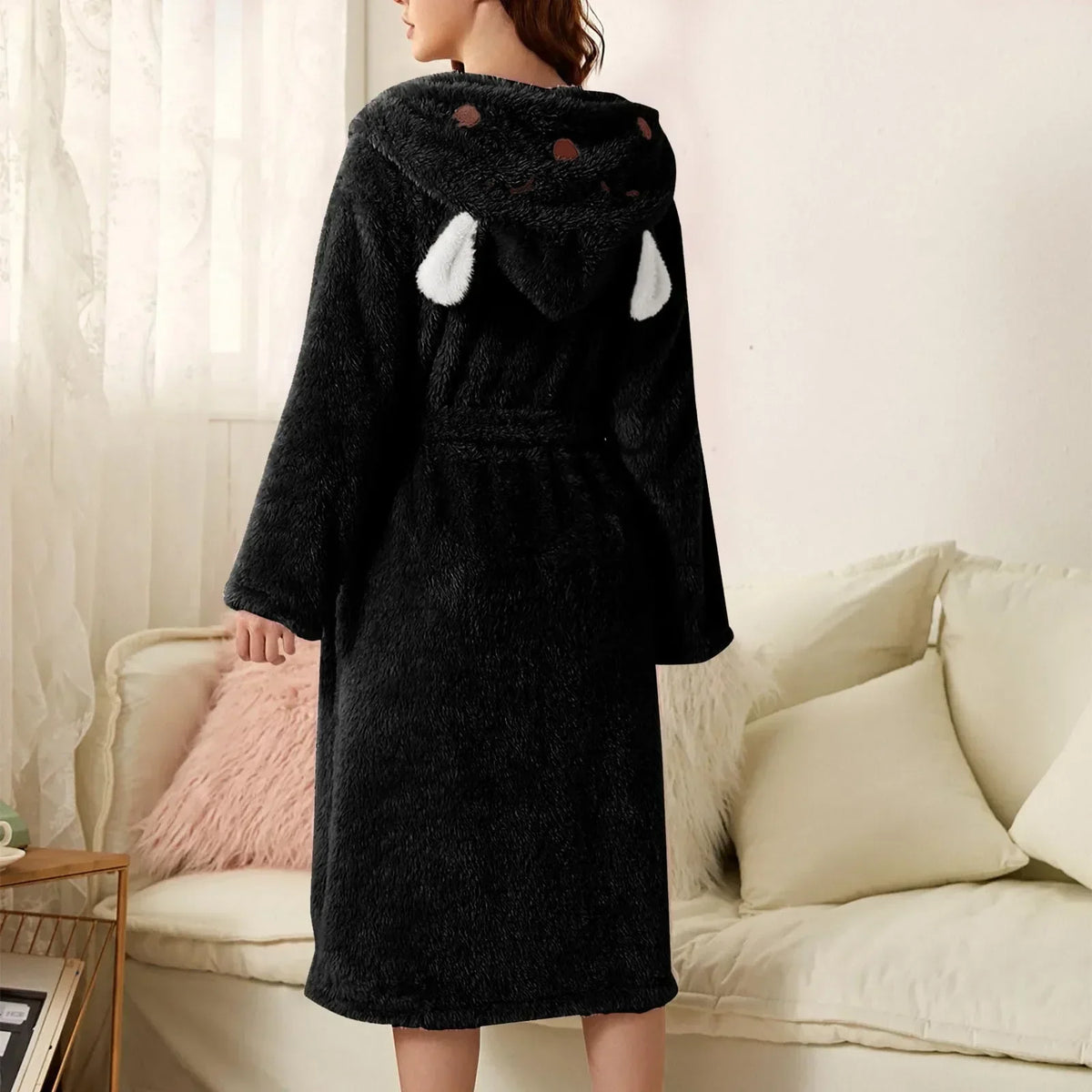 Warm Flannel Hooded Bathrobe with Bunny Ears