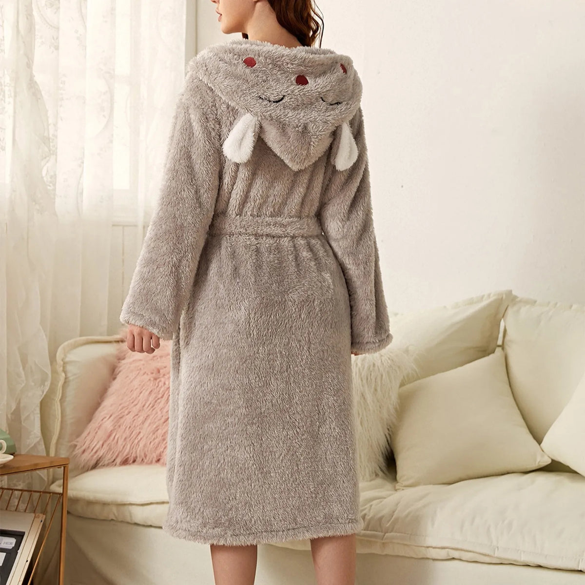 Warm Flannel Hooded Bathrobe with Bunny Ears