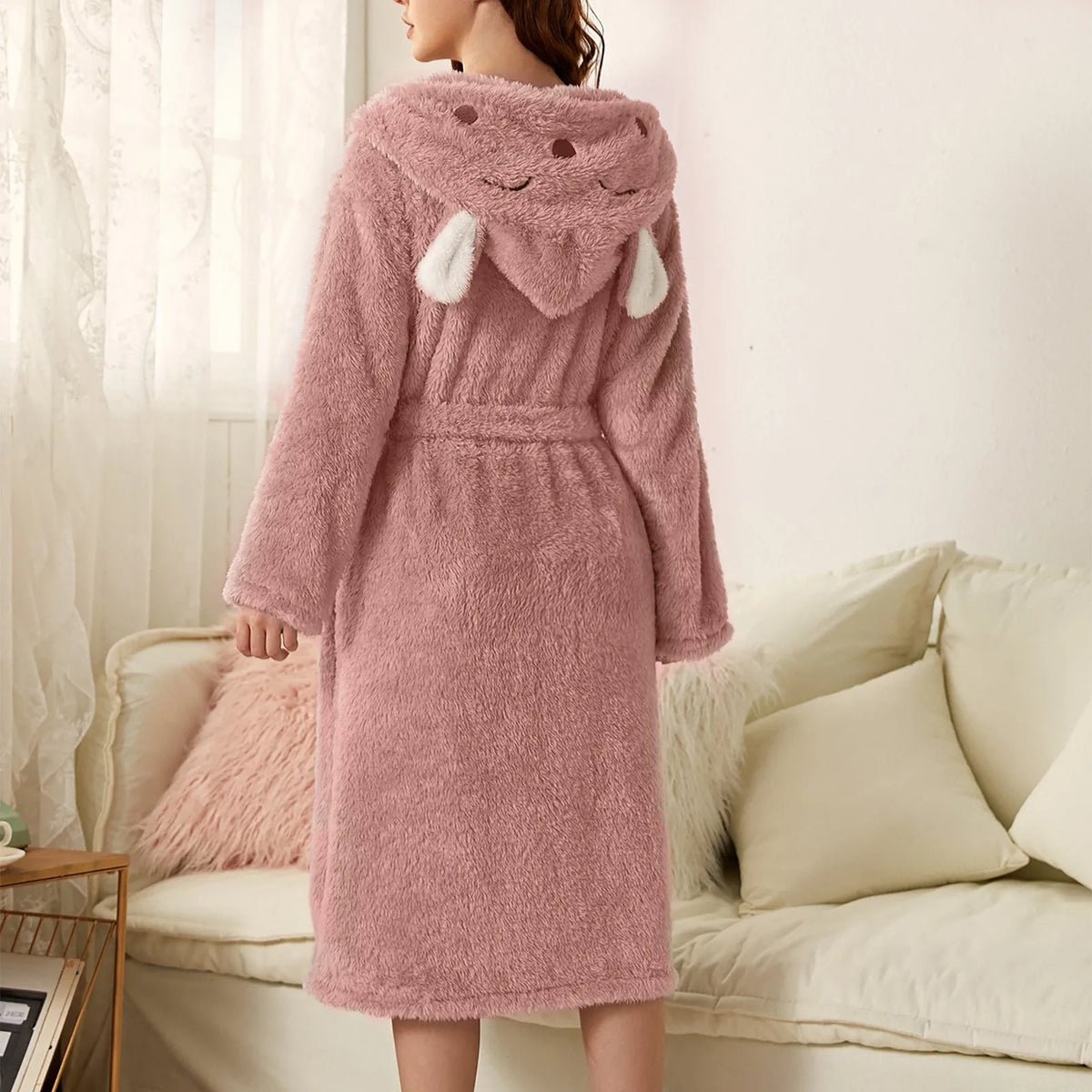 Warm Flannel Hooded Bathrobe with Bunny Ears