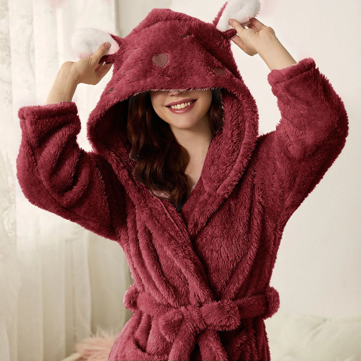 Warm Flannel Hooded Bathrobe with Bunny Ears