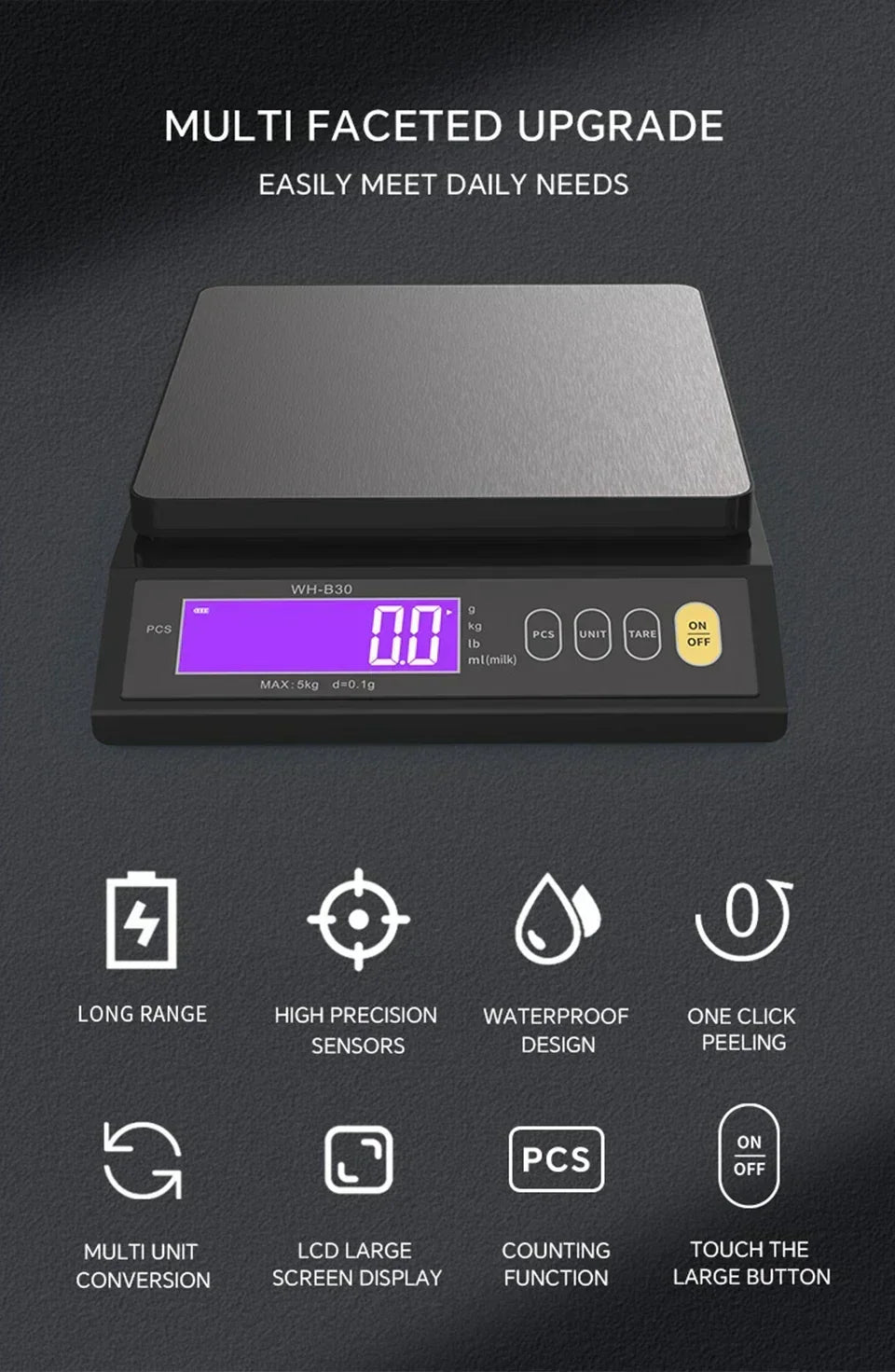 Waterproof Stainless Steel Digital Electronic Kitchen Scale with LCD Display for Baking (5 kg/0.1 g & 10 kg/1 g)