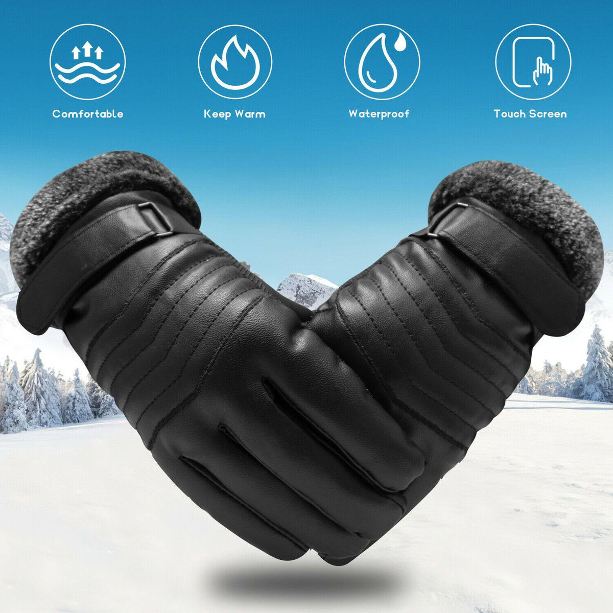 Waterproof Warm Leather Winter Ski Gloves - Touchscreen Compatible (-30°C)