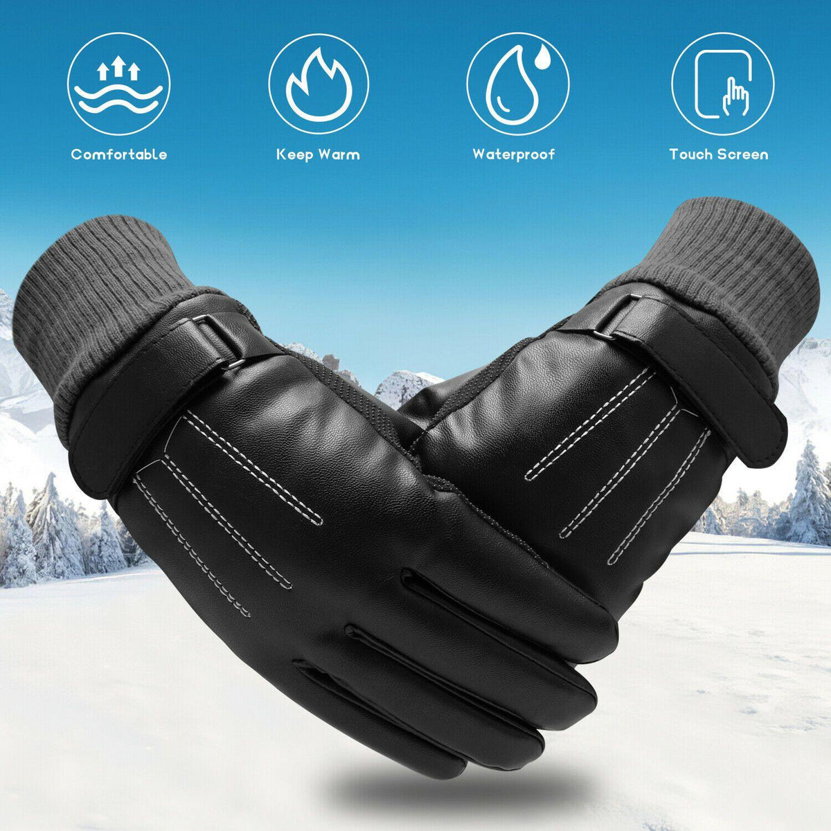 Waterproof Warm Leather Winter Ski Gloves - Touchscreen Compatible (-30°C)