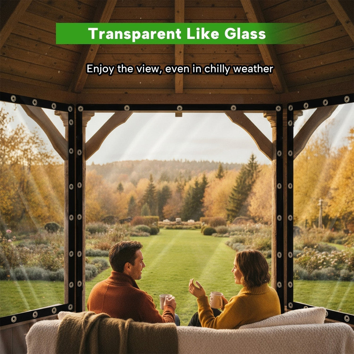 Weatherproof Clear PVC Protective Tarp with Grommets for Gazebos, Pergolas and Porches, 0.35 mm Thickness