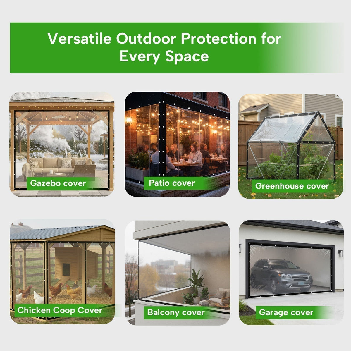 Weatherproof Clear PVC Protective Tarp with Grommets for Gazebos, Pergolas and Porches, 0.35 mm Thickness