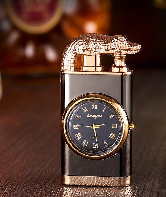 Windproof Blue Flame Metal Stamped Lighter with Quartz Watch and Alligator Head