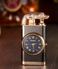 Windproof Blue Flame Metal Stamped Lighter with Quartz Watch and Alligator Head