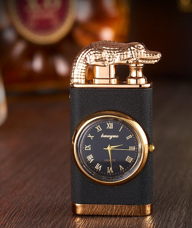 Windproof Blue Flame Metal Stamped Lighter with Quartz Watch and Alligator Head