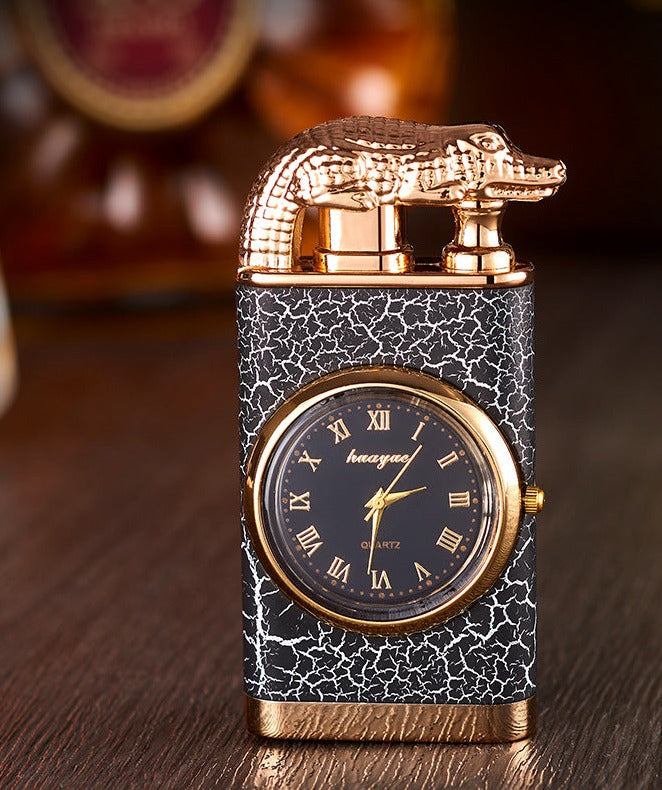 Windproof Blue Flame Metal Stamped Lighter with Quartz Watch and Alligator Head