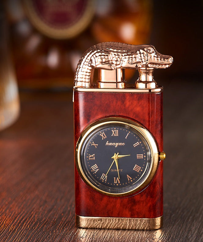 Windproof Blue Flame Metal Stamped Lighter with Quartz Watch and Alligator Head