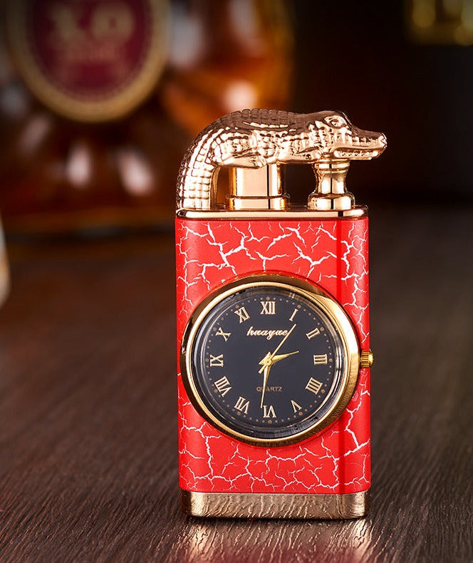 Windproof Blue Flame Metal Stamped Lighter with Quartz Watch and Alligator Head