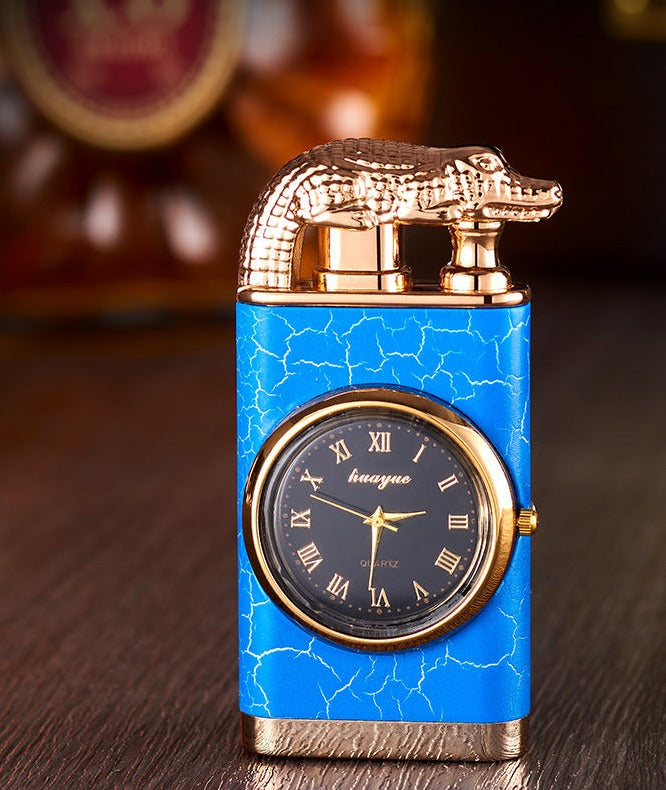Windproof Blue Flame Metal Stamped Lighter with Quartz Watch and Alligator Head