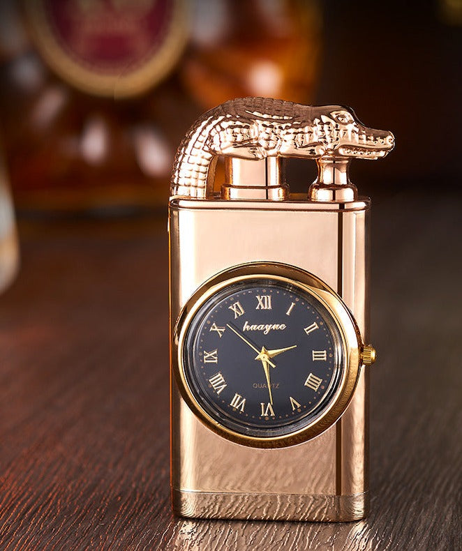 Windproof Blue Flame Metal Stamped Lighter with Quartz Watch and Alligator Head