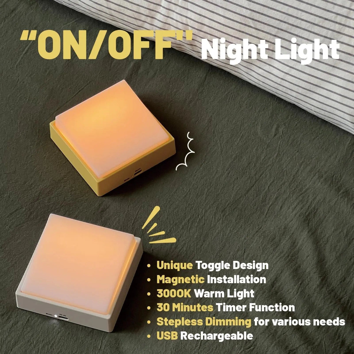 Wireless Dimmable Night Light - Rechargeable with Timer & Magnetic Mount