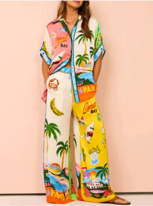 Women's 2-Piece Printed Shirt and Wide-Leg Trousers Set