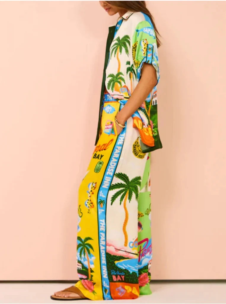 Women's 2-Piece Printed Shirt and Wide-Leg Trousers Set