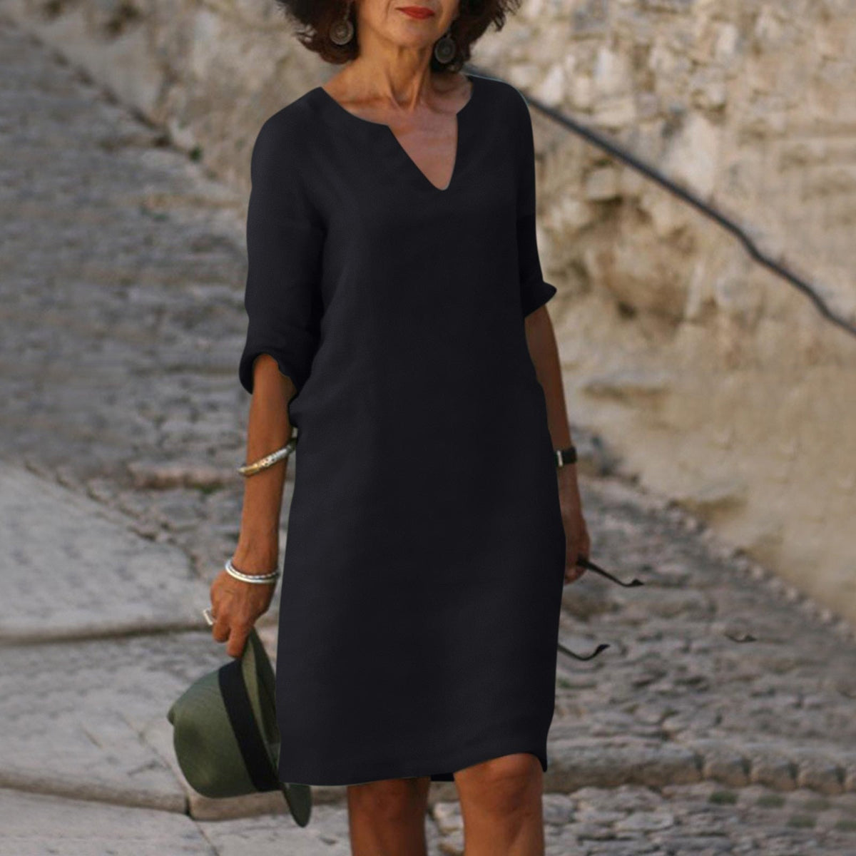 Women's 3/4-Sleeve Shift Midi Dress