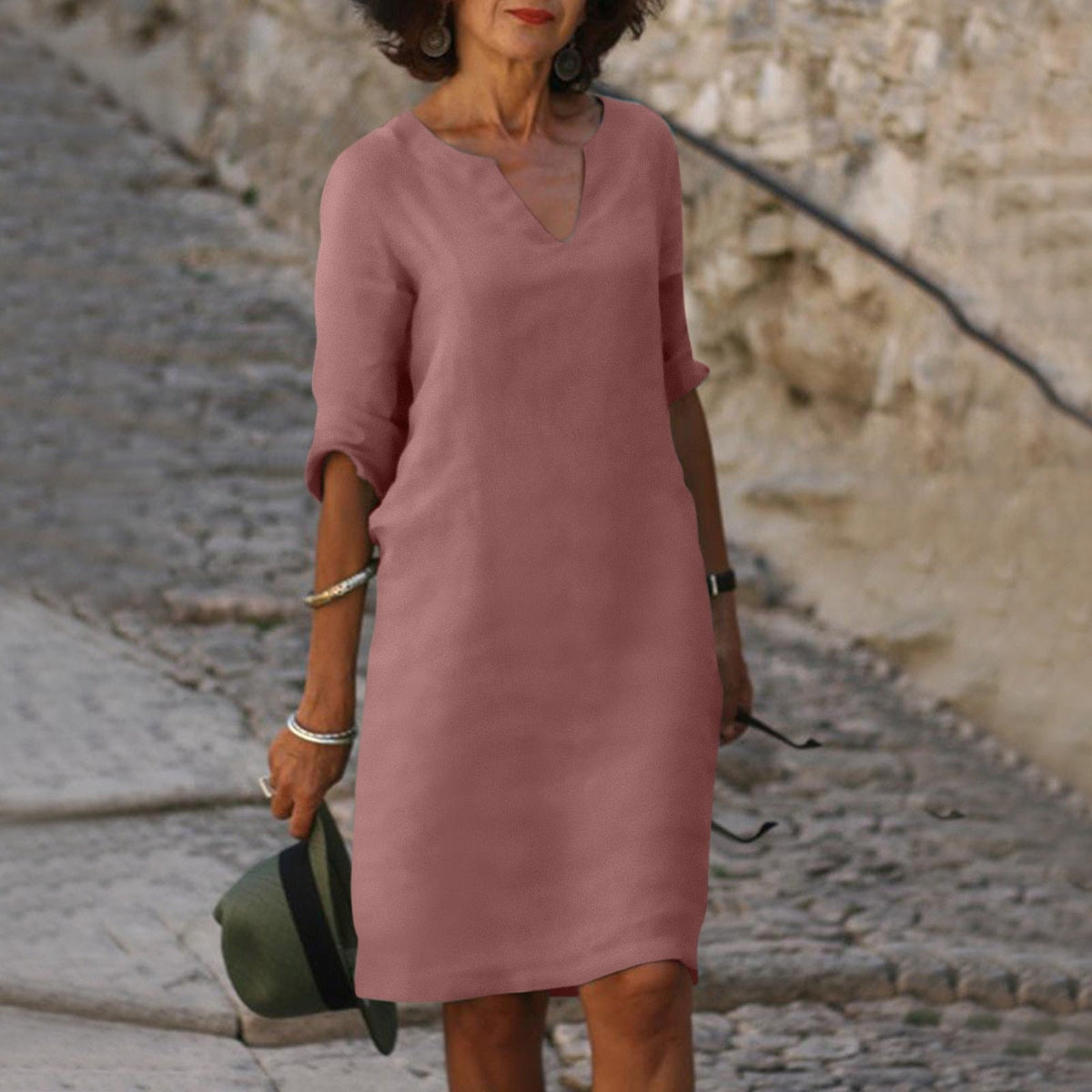 Women's 3/4-Sleeve Shift Midi Dress