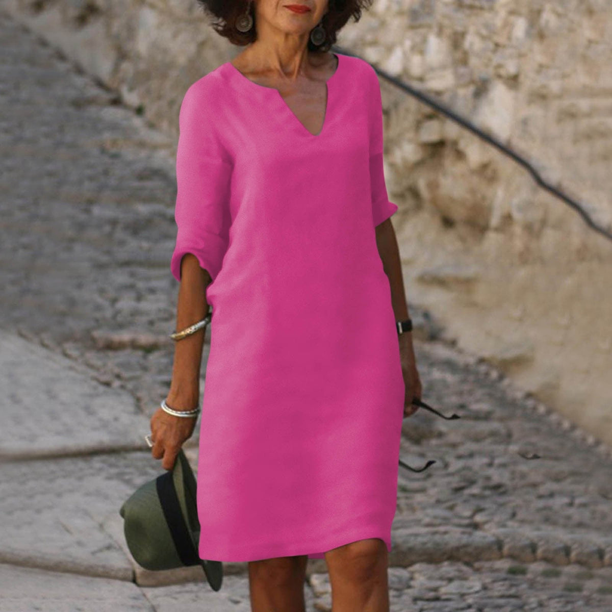 Women's 3/4-Sleeve Shift Midi Dress