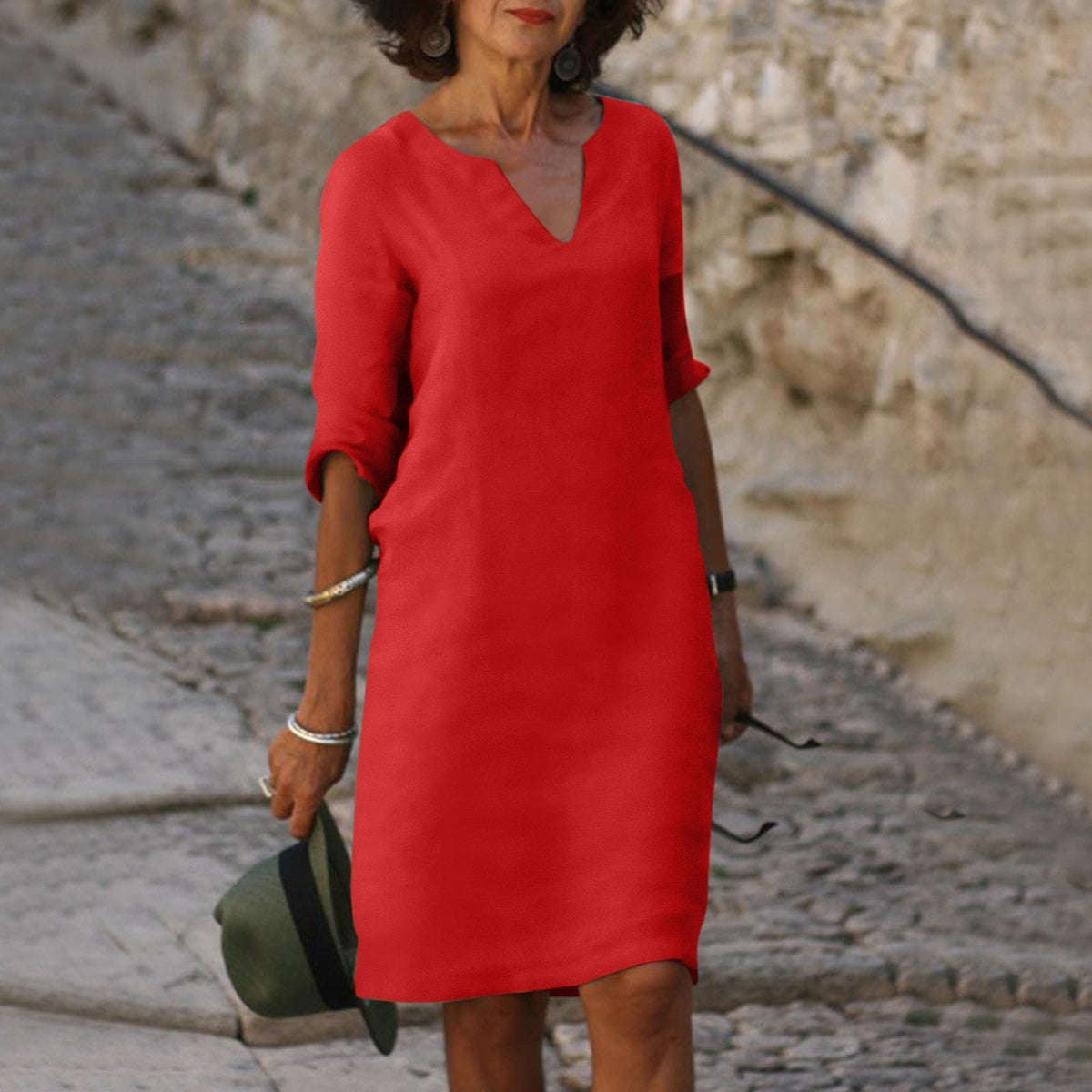 Women's 3/4-Sleeve Shift Midi Dress
