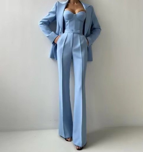 Women's 3-Piece Single-Button Blazer, Corset Top, and Flared Pants Set