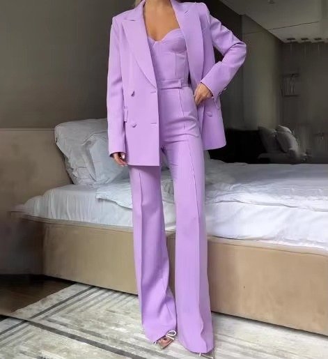 Women's 3-Piece Single-Button Blazer, Corset Top, and Flared Pants Set