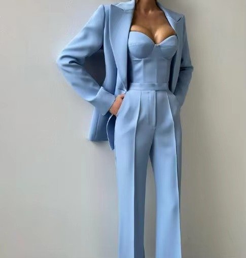 Women's 3-Piece Single-Button Blazer, Corset Top, and Flared Pants Set