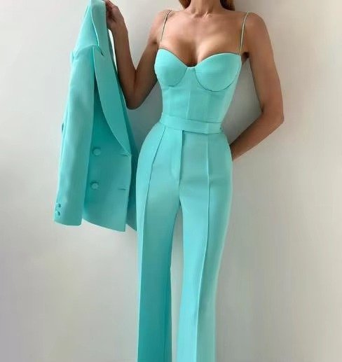 Women's 3-Piece Single-Button Blazer, Corset Top, and Flared Pants Set