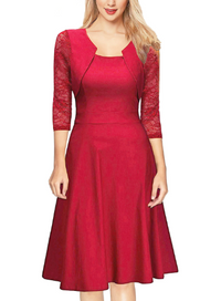Women's A-Line Midi Dress with Lace and 3/4 Sleeves