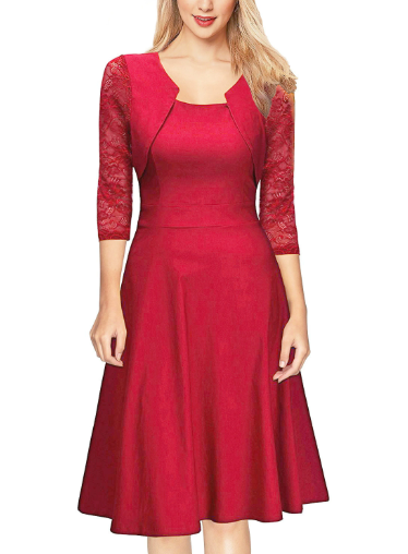 Women's A-Line Midi Dress with Lace and 3/4 Sleeves