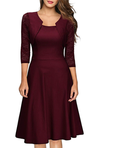 Women's A-Line Midi Dress with Lace and 3/4 Sleeves