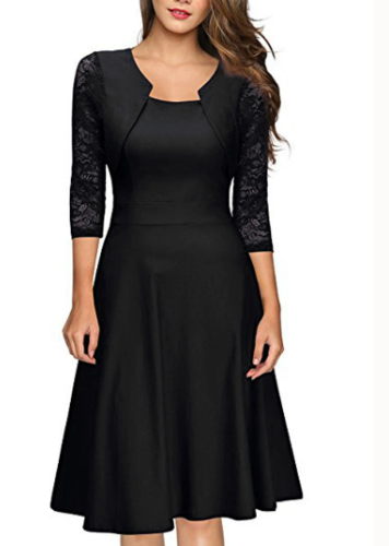 Women's A-Line Midi Dress with Lace and 3/4 Sleeves