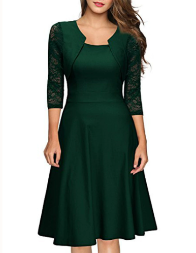 Women's A-Line Midi Dress with Lace and 3/4 Sleeves