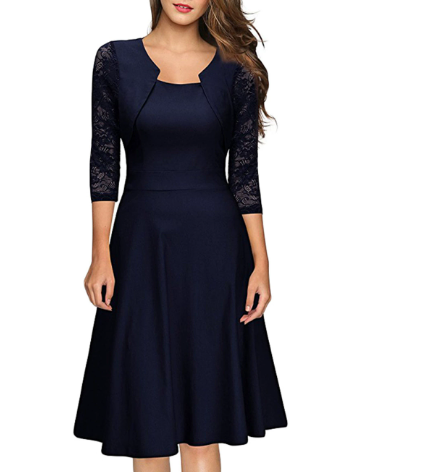 Women's A-Line Midi Dress with Lace and 3/4 Sleeves