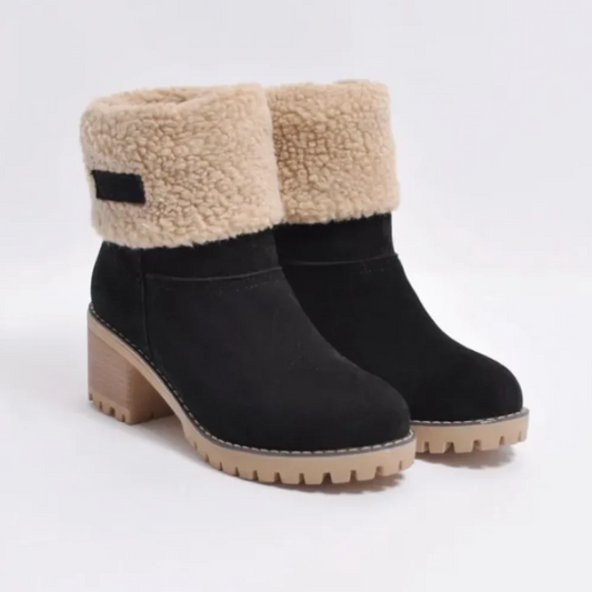 Women's Ankle Boots – Shearling Lining – Fold-Over Cuff – Block Heel & Rugged Sole