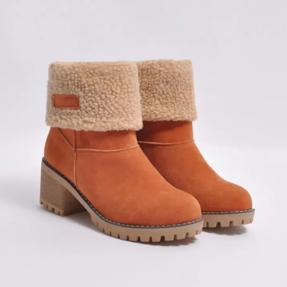 Women's Ankle Boots – Shearling Lining – Fold-Over Cuff – Block Heel & Rugged Sole